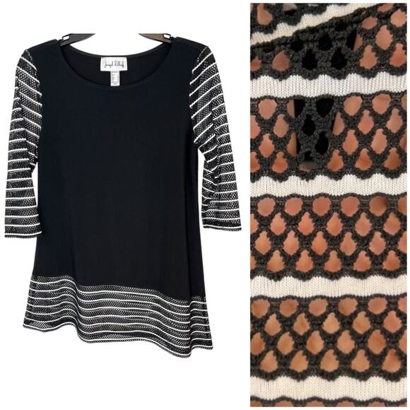 Joseph Ribkoff Tunic 6 Black white ‎ crochet sleeves and hem Asymmetrical Hem - Picture 1 of 8